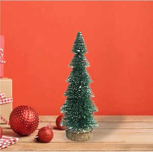 Miniature green sisal Christmas tree with white snow effect on a natural wood base
