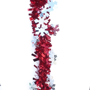 Sparkling red Christmas tinsel garland with white polka dot snowflake ornaments for parties