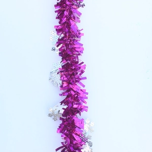 Dark purple Christmas tinsel garland with silver snowflake accents for party decor