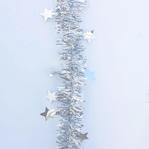 Silver star tinsel garland for Christmas tree decoration and festive party wall backdrop