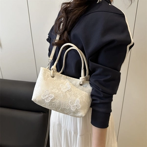 White lace tote bag with 3D butterfly embroidery and elegant rope handle strap