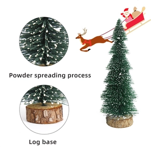 Miniature snowy pine tree tabletop decor with natural log base and powder spreading process