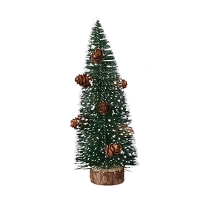 Miniature green Christmas tree with white snow flocking, pine cones and wooden base