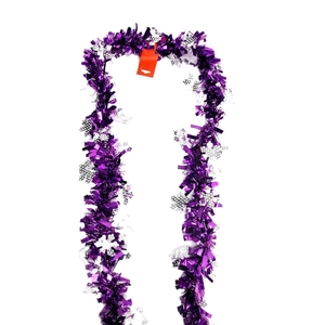 2M Christmas tinsel garland in purple and silver with metallic snowflake ornaments