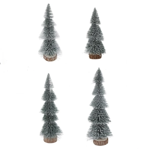 Set of four mini frosted Christmas pine trees with wooden bases for tabletop decor