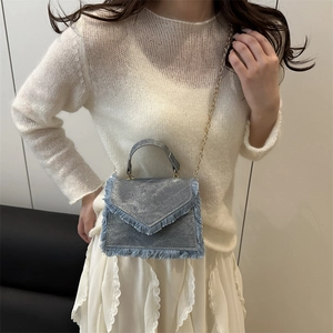 Fashion light blue denim square crossbody bag with fringe and gold chain strap