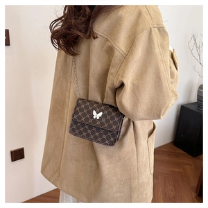 Close-up of small square crossbody bag with vintage pattern and silver butterfly clasp