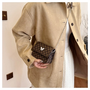Detail of vintage square bag with brown monogram, silver chain and white butterfly ornament