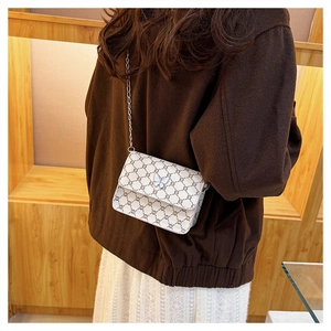 Close-up of vintage monogram shoulder bag with a silver butterfly clasp and metal chain strap
