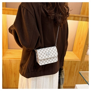 Detail of white crossbody bag with chain pattern, butterfly clasp and silver shoulder chain