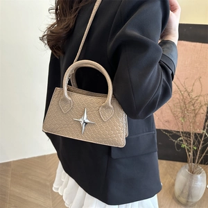 Khaki textured crossbody bag for women with silver star metallic detail and shoulder strap