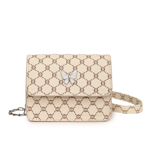Elegant beige monogram crossbody bag with silver butterfly buckle and chain strap
