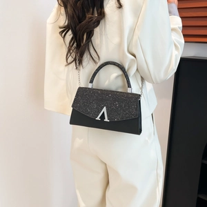 Chic black sequin square handbag with silver metal logo A and elegant chain strap