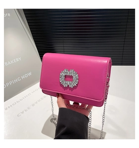 Detail of rose pink crossbody bag with silver rhinestone buckle and chain strap