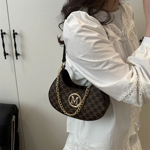French vintage underarm bag with M-letter monogram print and gold chain strap for women