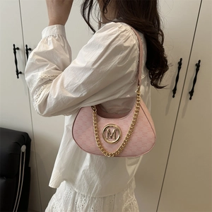 Pink crescent underarm bag with gold chain and letter M logo for women style