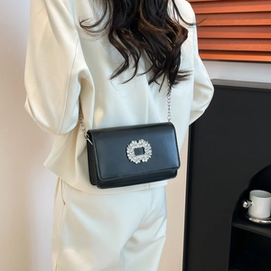 Classic black leather crossbody square bag for women with sparkling rhinestone ring buckle