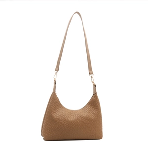Brown woven texture hobo shoulder bag with minimalist design and gold hardware