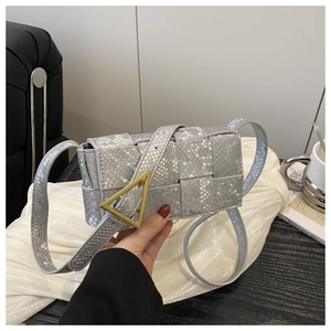 Detail of silver snake-pattern woven bag with signature golden triangle metal buckle
