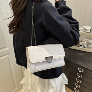 White croco-embossed chain shoulder bag for women with elegant metal buckle detail