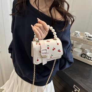Mini white square crossbody bag with pearl handle and red cherry print for women