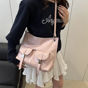 Pink glossy patent leather tote bag with functional pockets and cool streetwear style