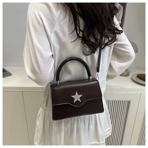 Détail du sac à main en cuir marron foncé avec étoile argentée et bandoulière réglable
