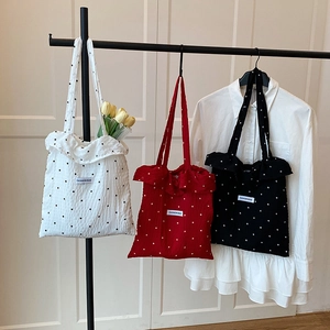 Sac Tote Volants Fleurs et Pois Style Coréen Sac à Épaule Seersucker Grande Capacité Sac à Main Shopping Décontracté Femme