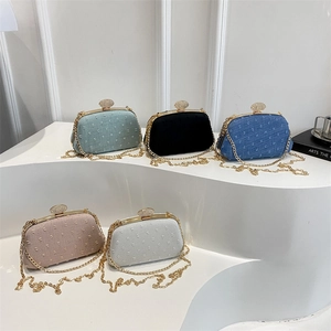 Women Elegant PU Leather Small Square Crossbody Bag Rhinestone Buckle Metal Chain Shoulder Bag Party Clutch Handbag