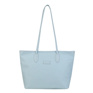 Light blue woven embossed tote bag with large capacity and matching shoulder straps