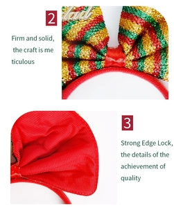 Detail of Christmas headband showing sequin striped bow and secure back stitching