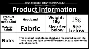 Detailed technical specifications for fabric headband including 18g weight and material info