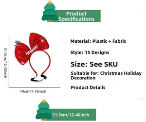 Christmas pet headband with HoHoHo sequins bow design and detailed dimensions layout
