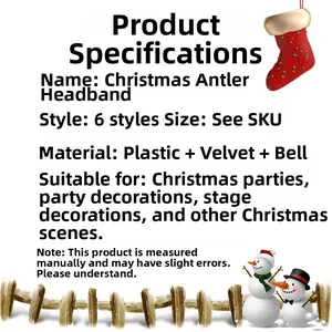 Detailed specifications for Christmas reindeer antler headbands made of plastic and velvet