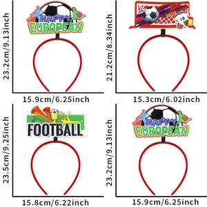 Dimensioni dettagliate per quattro diverse fasce per capelli a tema calcio in cm e pollici