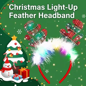Christmas headband with LED lights, festive antlers, white feathers and plaid patterns