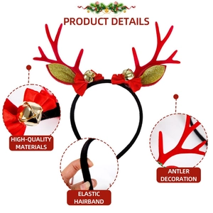 Detailed close-up of Christmas reindeer antlers headband with gold bells and red bows