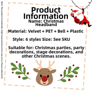 Detailed product specifications for Christmas sequin antler headbands with 6 varied styles
