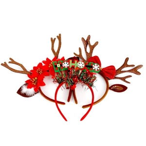 Glitter Christmas Antler Headband Reindeer Horn Hair Hoop With Red Bow Flower For Holiday Party Costume Decor Hair Accessory