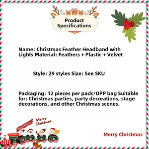 Detailed spec sheet for Christmas LED feather headbands with material and packing info