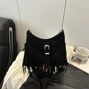 Women PU Leather Fringe Tote Bag Vintage Bohemian Tassel Shoulder Bag With Metal Buckle Casual Crossbody Bag For Daily Commute