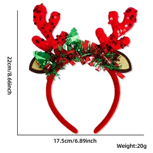 Christmas reindeer headband with red sequins and green tinsel, sized 22cm by 17.5cm