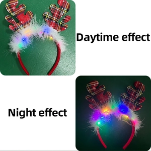 Christmas reindeer antler headband showing daytime look and colorful LED light-up effect