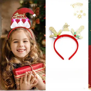 Detail showing glowing Christmas headbands with reindeer antlers and mini Santa hats