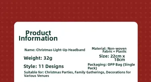 Detailed size chart and product specifications for glowing LED Christmas headband