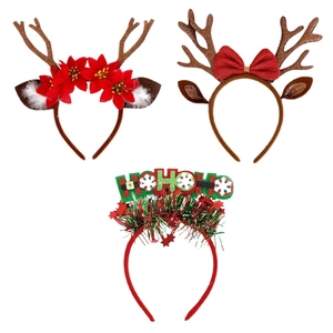 Three Christmas headbands featuring reindeer antlers, festive flowers and HO HO HO slogan