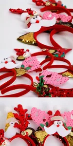 Detail showing various Christmas headbands with red sequin reindeer antlers and bells