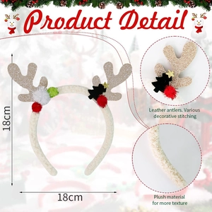 Diadema de cuernos de reno navideños con lentejuelas y pompones suaves de colores