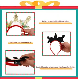 Detail of Christmas headband with glowing switch and Merry Christmas sequin antlers