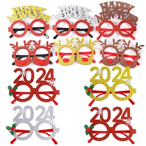 Festive Christmas Reindeer Antler Glasses Frame Happy New Year Glitter Photo Props Xmas Party Decoration Glasses For Unisex